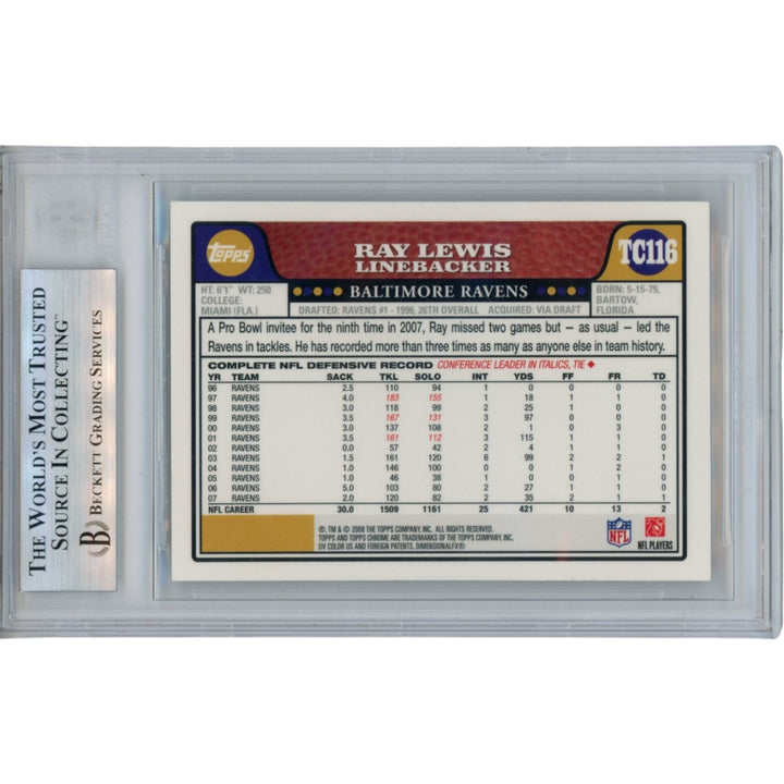 Ray Lewis Autographed 2008 Topps Chrome #116 Trading Card Slab Beckett 53458