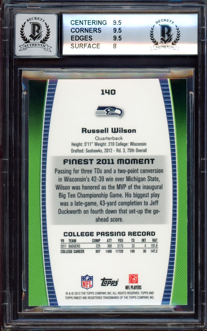 Russell Wilson Signed 2012 Topps Finest RC 140 Seahawks BGS 9 Auto 10 Beckett