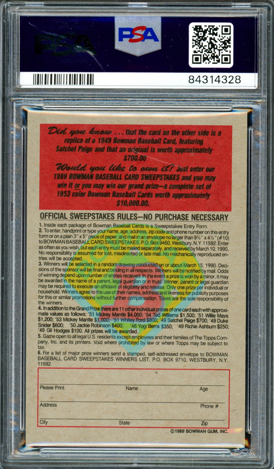 Satchel Paige 1989 Bowman Inserts 1949 RP Indians PSA 10 #84314328