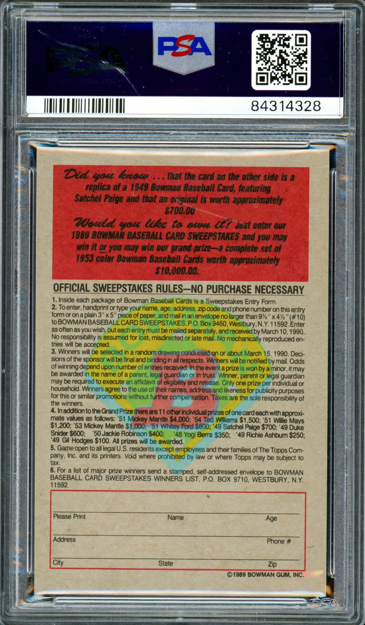 Satchel Paige 1989 Bowman Inserts 1949 RP Indians PSA 10 #84314328