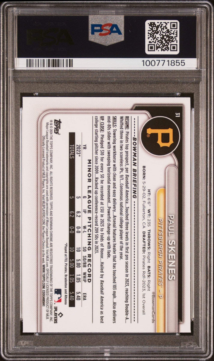 Graded 2024 Topps Bowman Chrome Paul Skenes #31 Rookie RC Baseball Card PSA 10