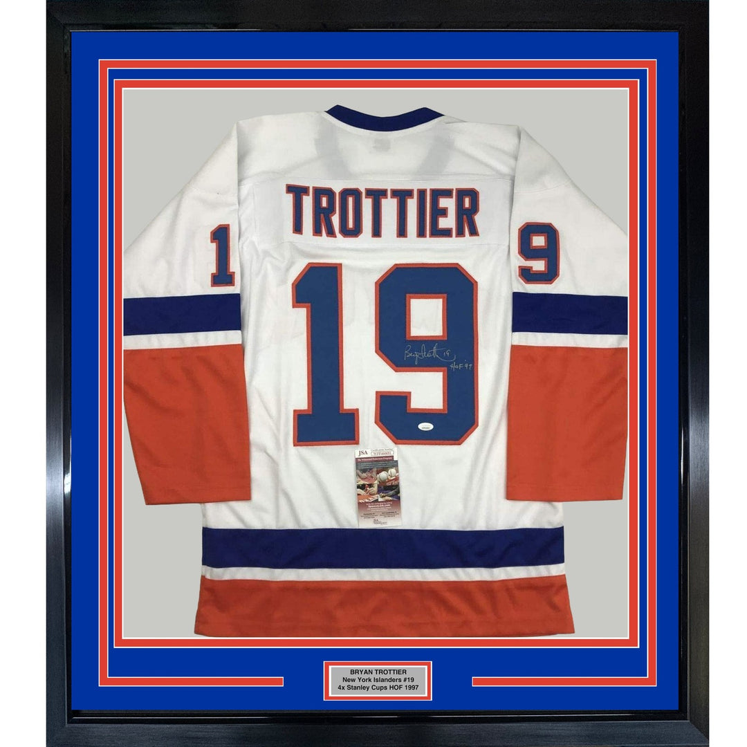 FRAMED Signed BRYAN TROTTIER HOF 97 35x39 NY White Jersey JSA COA