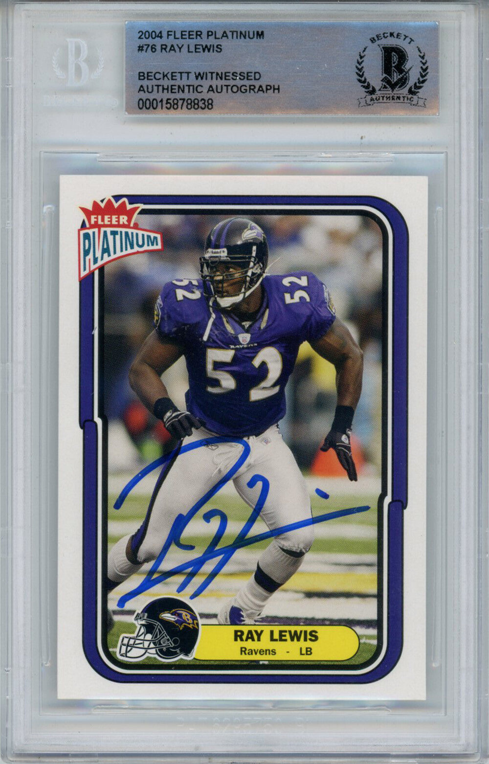 Ray Lewis Autographed 2004 Fleer Platinum #76 Trading Card Beckett Slab 43366