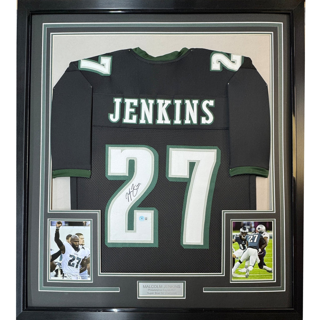 Framed Autographed/Signed Malcolm Jenkins 33x42 Black Jersey BAS COA