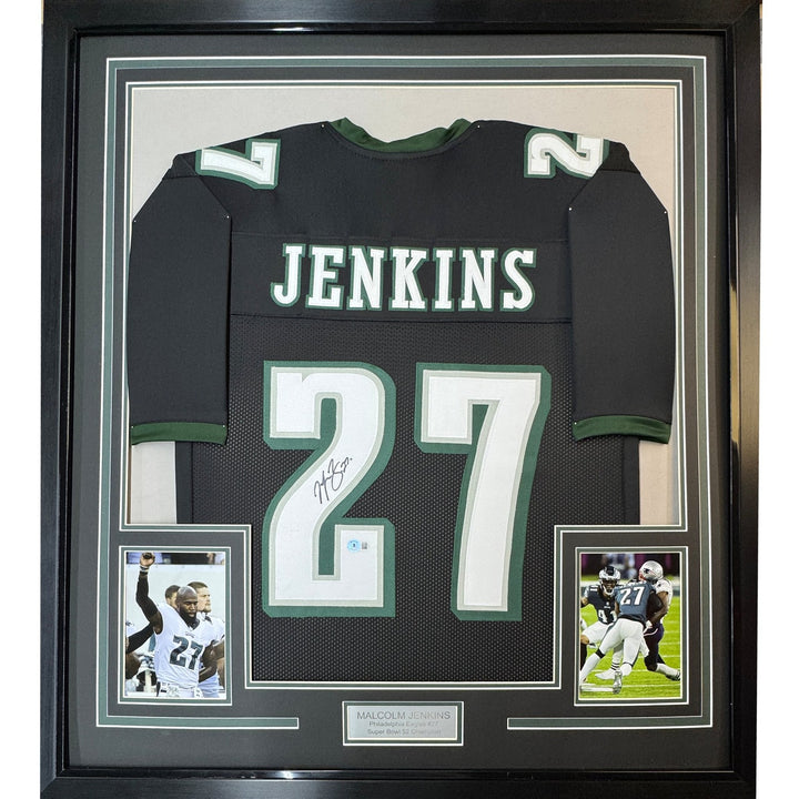 Framed Autographed/Signed Malcolm Jenkins 33x42 Black Jersey BAS COA