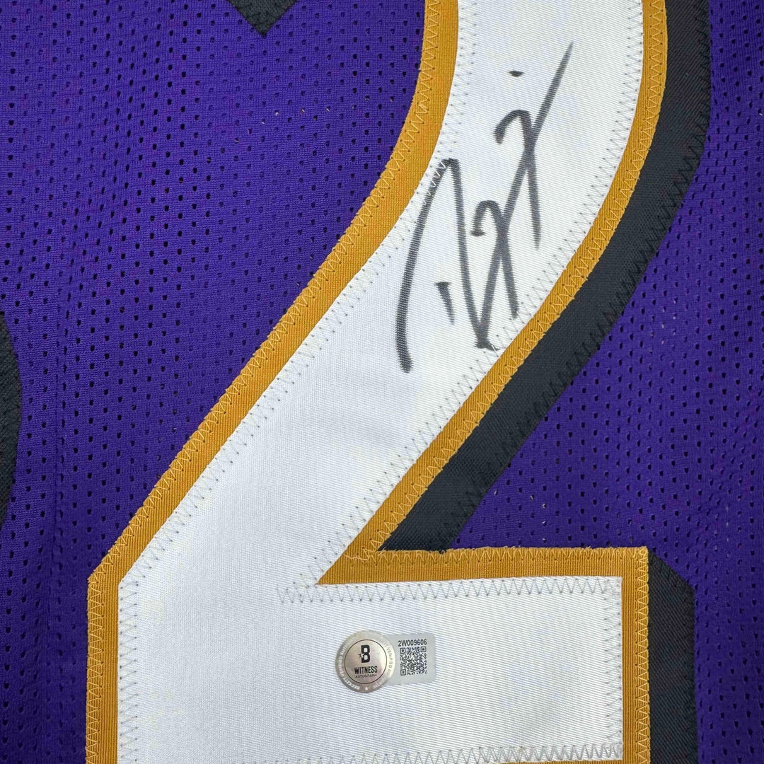 Autographed/Signed Ray Lewis Baltimore Purple Stat Jersey Beckett COA