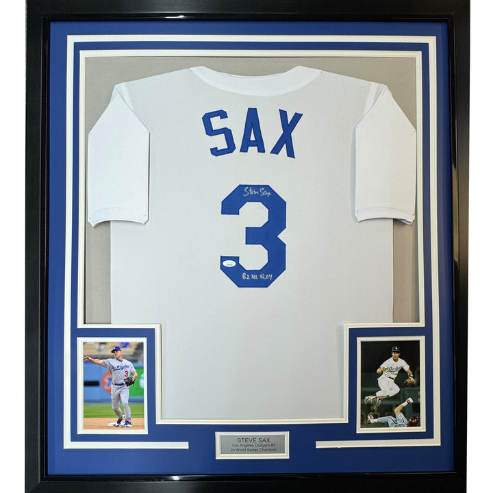 Framed Autographed/Signed Steve Sax 33x42 Los Angeles LA White Jersey JSA COA
