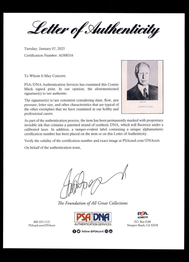 Connie Mack PSA DNA Signed 7x9 Photo Autograph