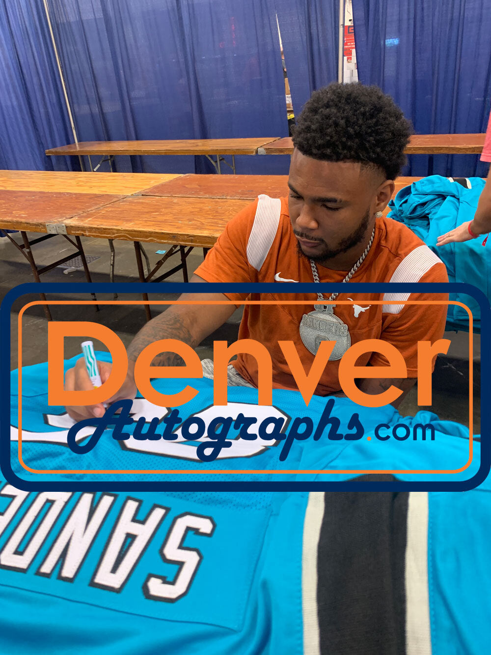 Ja'Tavion Sanders Autographed/Signed Pro Style Blue XL Jersey Beckett 48427