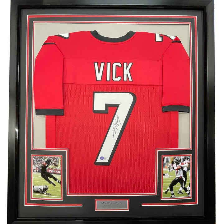 FRAMED Signed MICHAEL MIKE VICK 35x39 Atlanta Red Jersey PSA COA