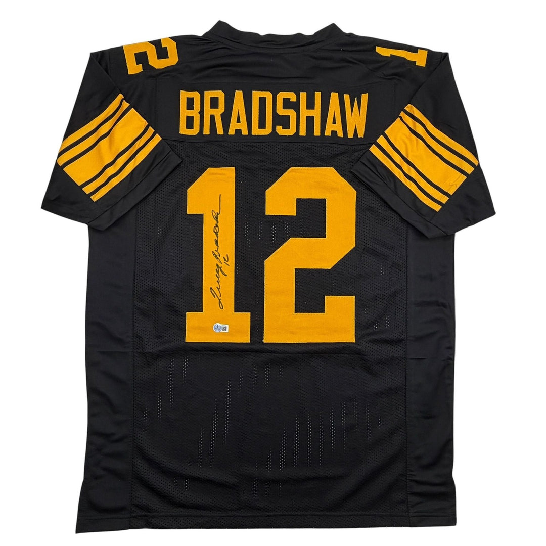 Autographed/Signed Terry Bradshaw Pittsburgh Black Color Rush Jersey Beckett COA