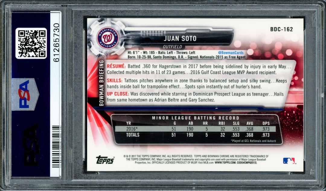 Juan Soto Signed 2017 Bowman Draft Chrome RC BDC162 PSA 9 2019 WS Champs PSA/DNA