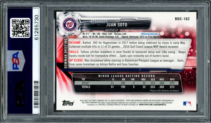 Juan Soto Signed 2017 Bowman Draft Chrome RC BDC162 PSA 9 2019 WS Champs PSA/DNA