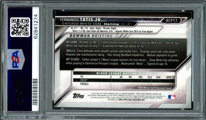 Fernando Tatis Jr. Auto 2016 Bowman Chrome RC BCP17 Padres PSA 9 Sig 10 PSA/DNA