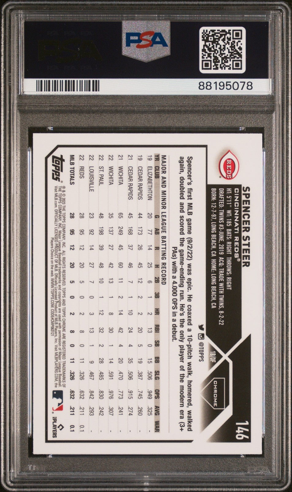Graded 2023 Topps Chrome Spencer Steer #146 XFractor RC Card PSA 10