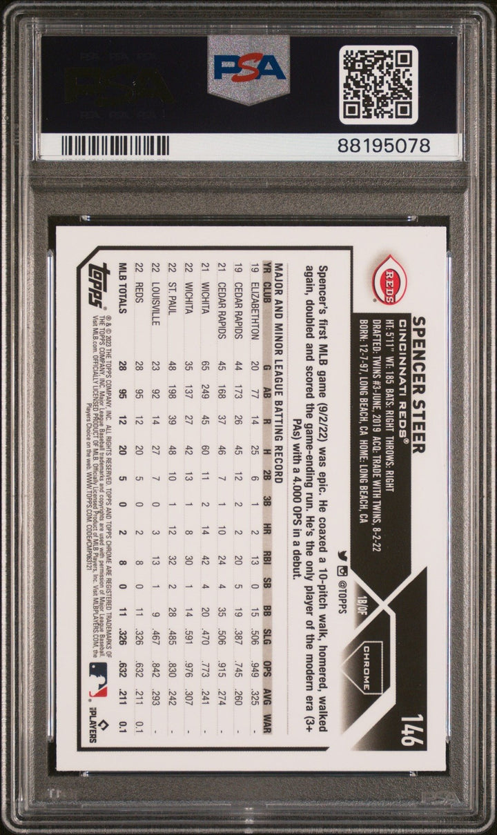 Graded 2023 Topps Chrome Spencer Steer #146 XFractor RC Card PSA 10