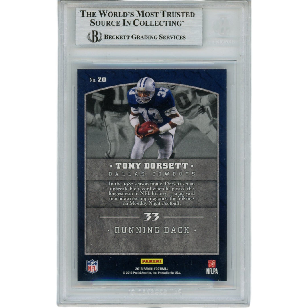 Tony Dorsett Autographed 2016 Panini 20 Slabbed Trading Card Beckett 45927