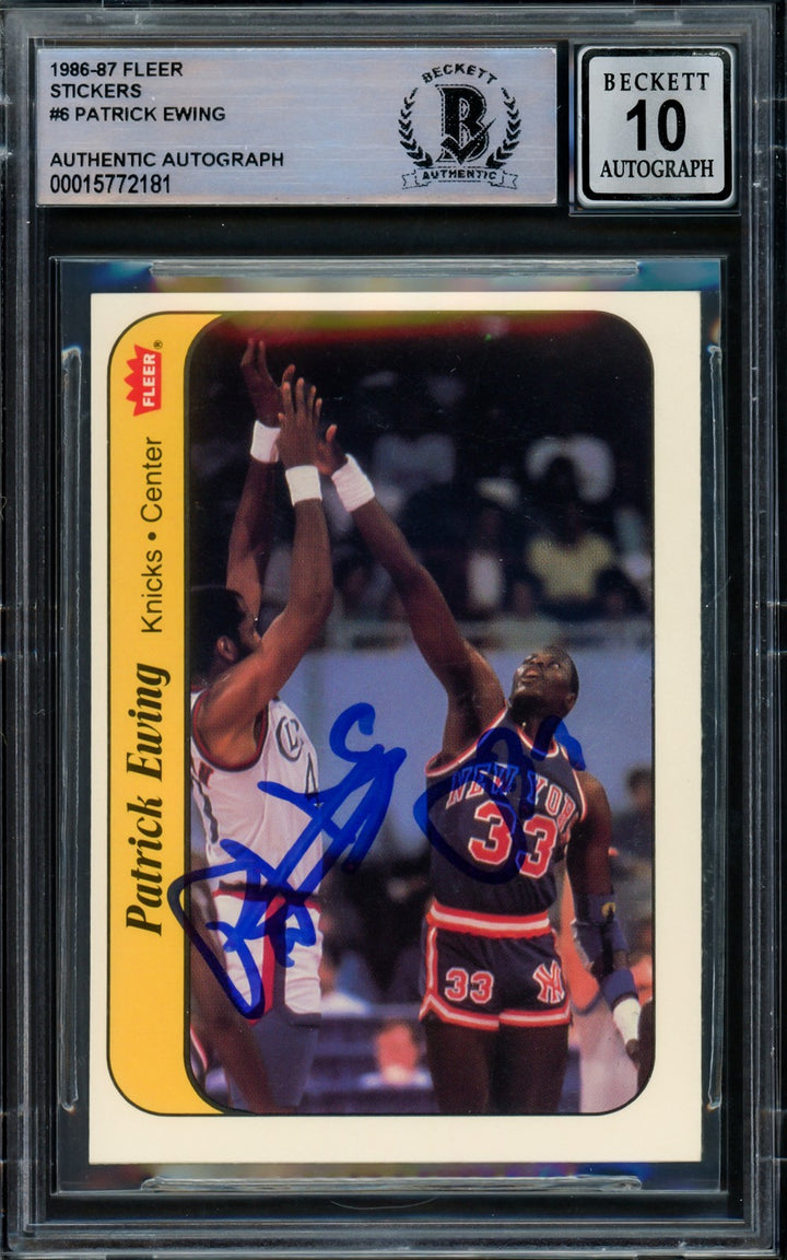 Patrick Ewing Auto Signed 1986-87 Fleer Sticker RC 6 Knicks Auto GM 10 Beckett