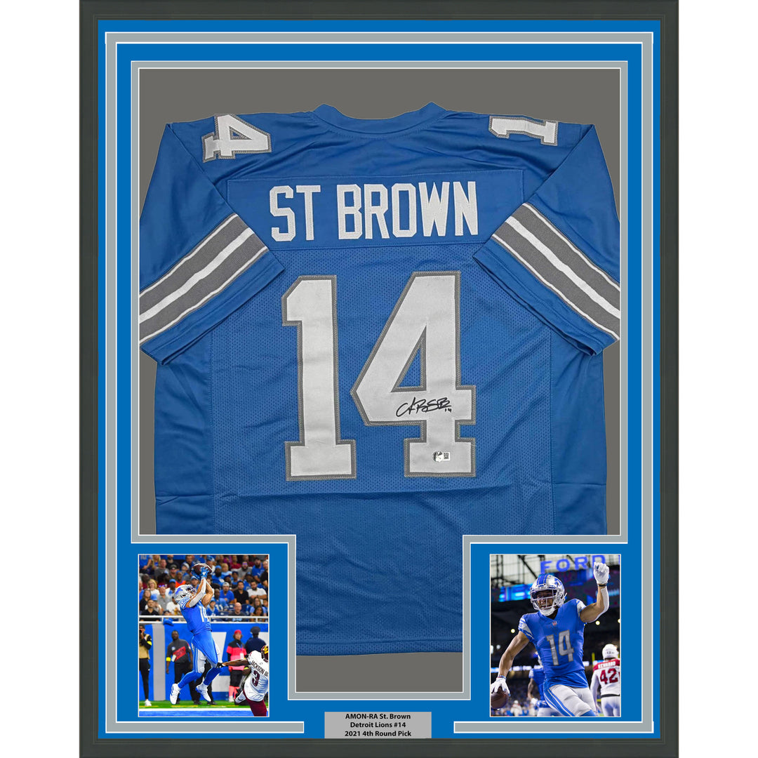Framed Autographed/Signed Amon-Ra St Brown 35x39 Detroit Blue Jersey Beckett COA