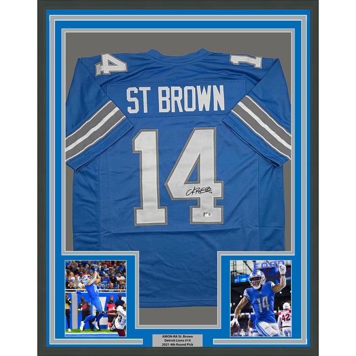 Framed Autographed/Signed Amon-Ra St Brown 35x39 Detroit Blue Jersey Beckett COA