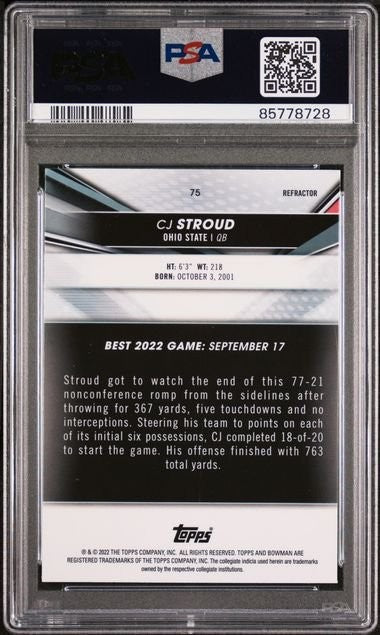 Graded 2022 BWM Best University CJ Stroud #75 Refractor RC Card PSA 10