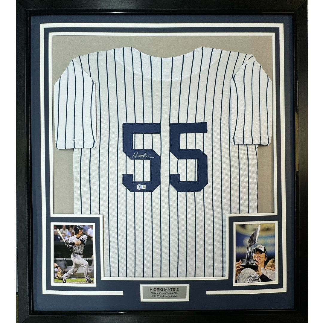Framed Autographed/Signed Hideki Matsui 33x42 Pinstripe Jersey BAS COA
