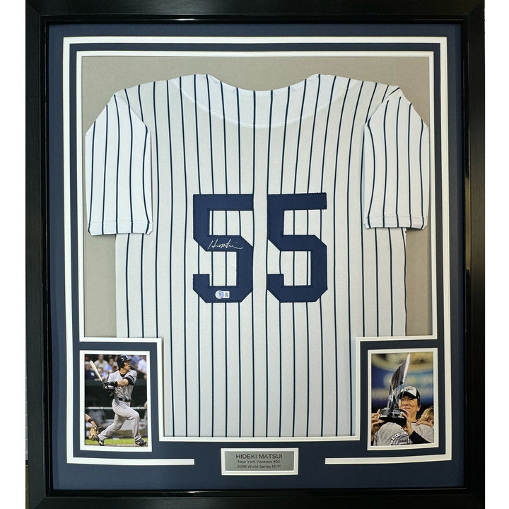 Framed Autographed/Signed Hideki Matsui 33x42 Pinstripe Jersey BAS COA