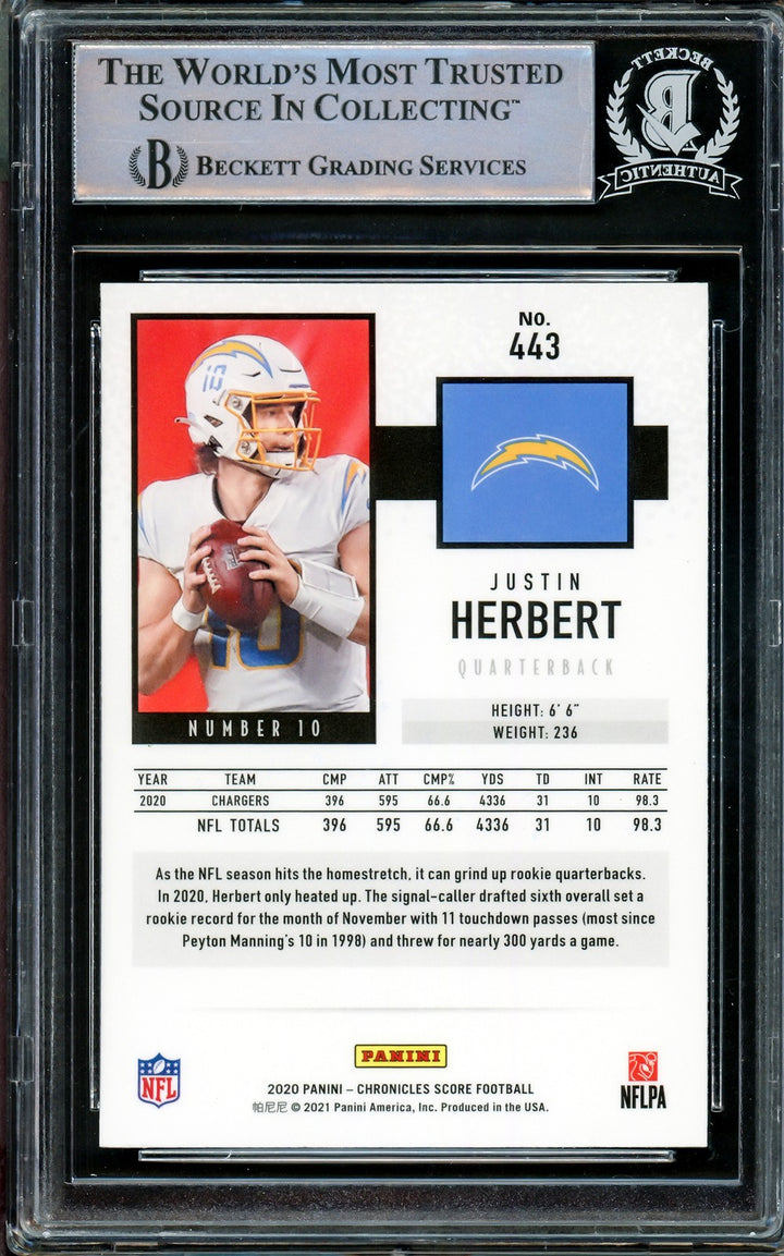 Justin Herbert Autographed Signed 2020 Score RC 443 Los Angeles Chargers Beckett