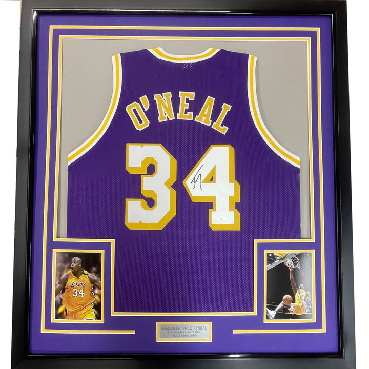 FRAMED Autographed/Signed SHAQUILLE SHAQ O'NEAL 33x42 Purple Jersey BAS COA