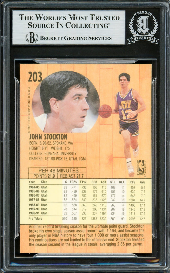 John Stockton Signed 1991-92 Fleer Card 203 Utah Jazz Beckett #16705022