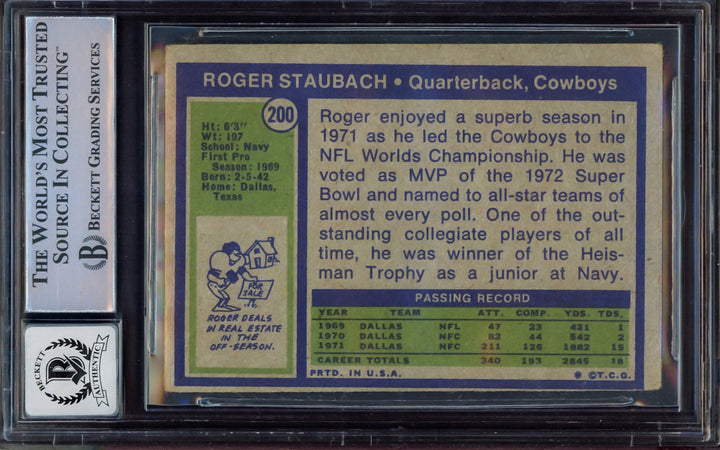 Roger Staubach Auto 1972 Topps RC 200 Cowboys Auto GM 10 (Off Condition) Beckett