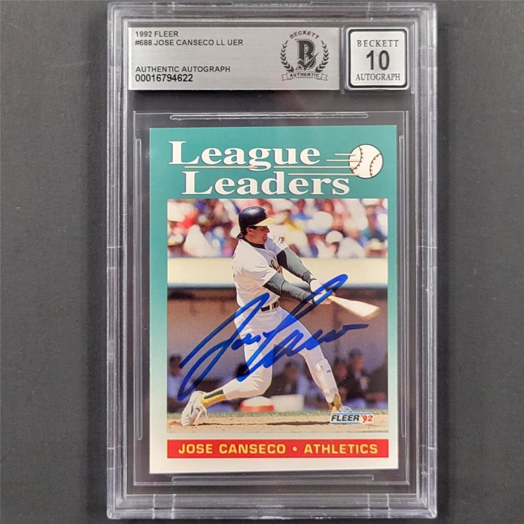 Jose Canseco signed 1992 Fleer League Leaders #688 card autograph ~ BAS 10 auto