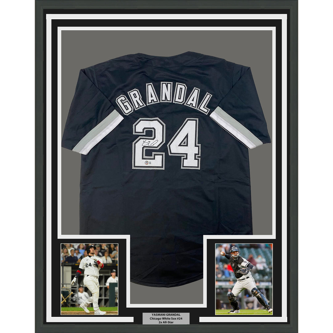 Framed Autographed/Signed Yasmani Grandal 33x42 Chicago Black Jersey BAS COA
