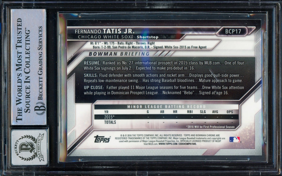 Fernando Tatis Jr. Auto 2016 Bowman Chrome RC BCP17 Padres BGS 9 Sig 10 Beckett