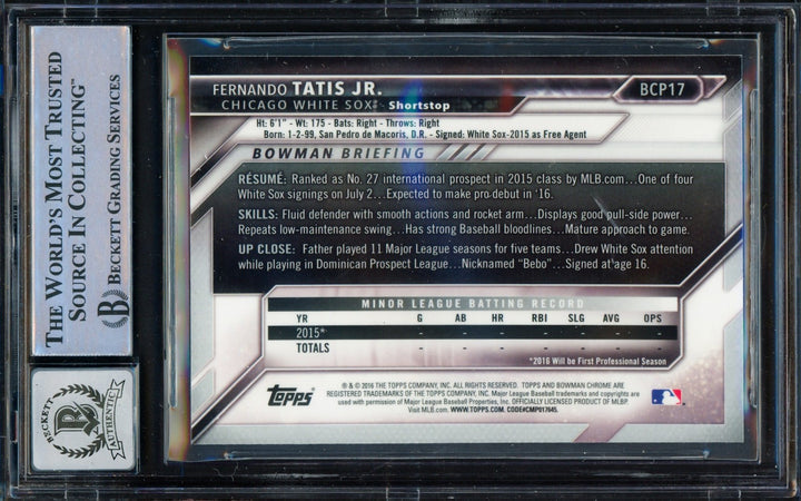 Fernando Tatis Jr. Auto 2016 Bowman Chrome RC BCP17 Padres BGS 9 Sig 10 Beckett