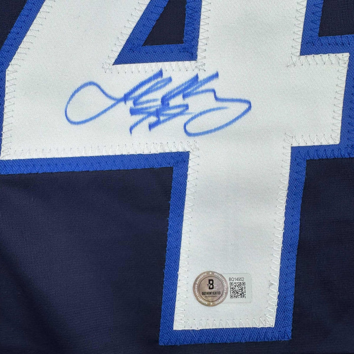 Framed Autographed/Signed Josh Morrissey 35x39 Blue Jersey Beckett COA