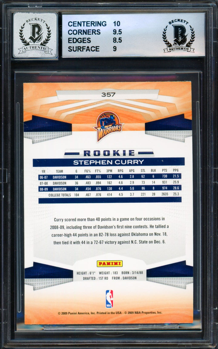 Stephen Curry Signed 2009-10 Panini RC #357 Warriors BGS 9 Sig GM 10 Card