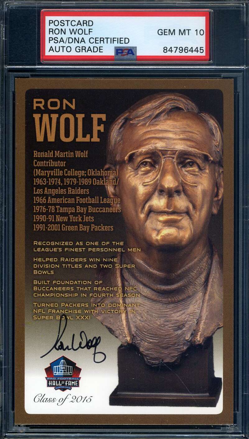 Ron Wolf Gem Mint 10 PSA DNA Signed HOF Bronze Bust Postcard Autographed