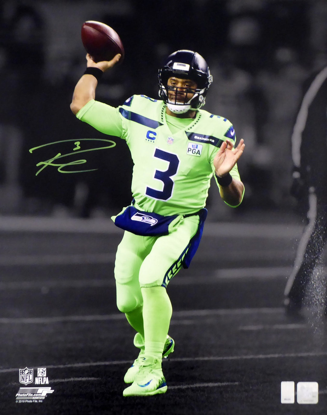 Russell Wilson Auto 16x20 Photo Seahawks Action Green Color Rush PGA RW Holo