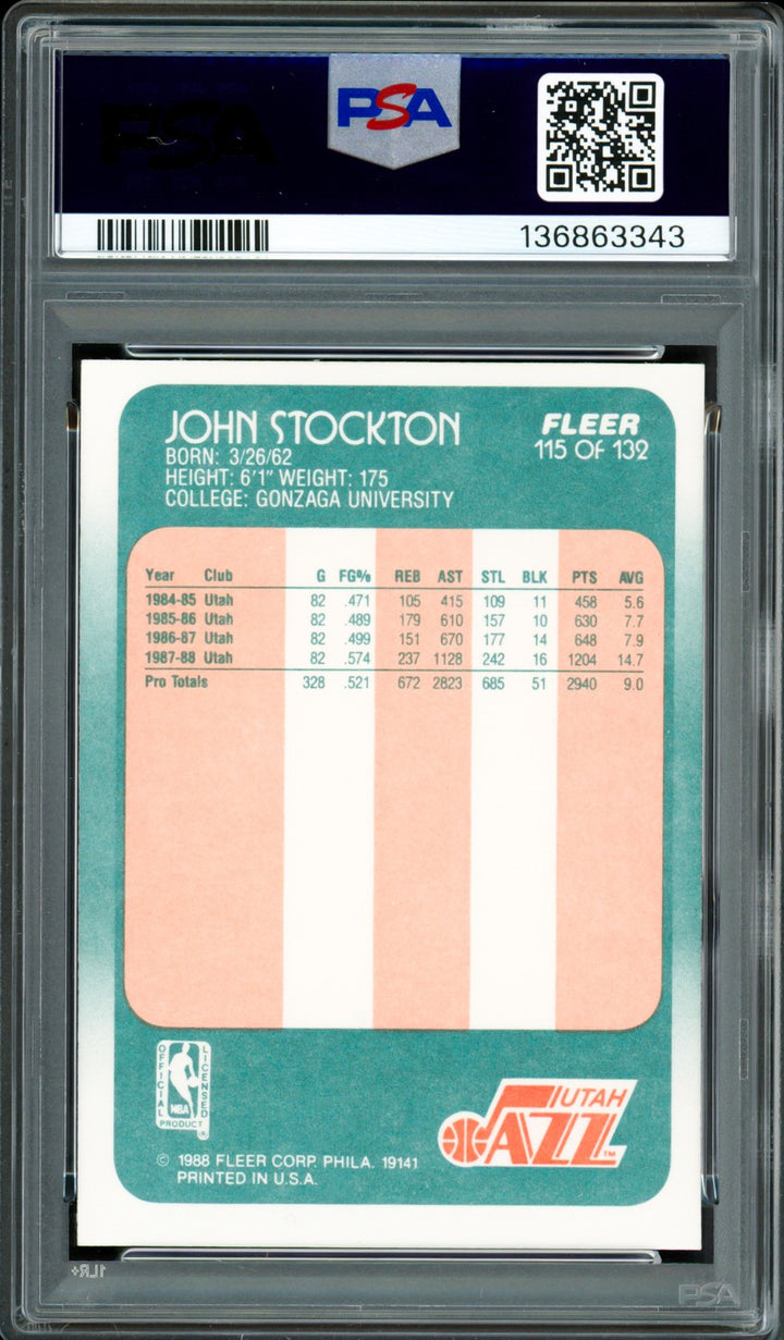 John Stockton Signed 1988-89 Fleer RC 115 Utah Jazz PSA 7 Sig 10 PSA/DNA