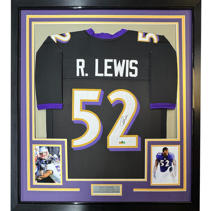 Framed Facsimile Autographed Ray Lewis 33x42 Black Reprint Laser Auto Jersey