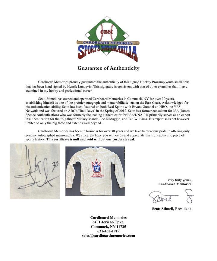 Henrik Lundqvist #30 Signed Ny York Rangers Hockey Shirt Procamp Auto CBM COA