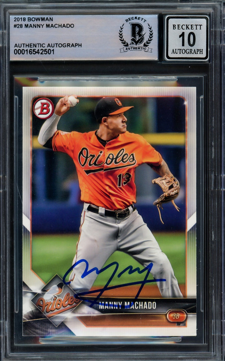 Manny Machado Signed 2018 Bowman Card 28 Baltimore Orioles Auto GM 10 Beckett