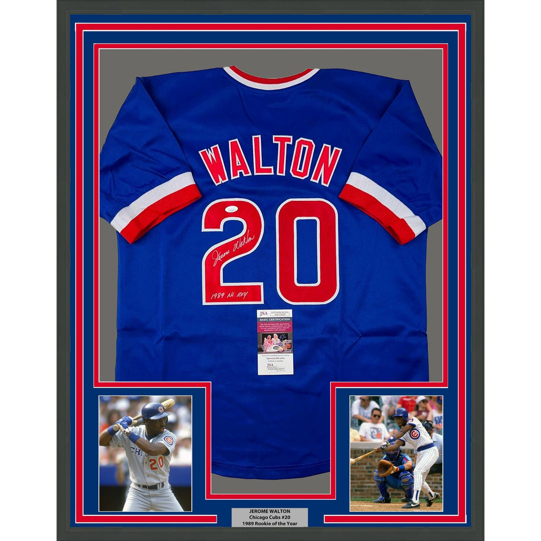 Framed Signed Jerome Walton 35x39 1989 NL ROY Blue Jersey JSA COA