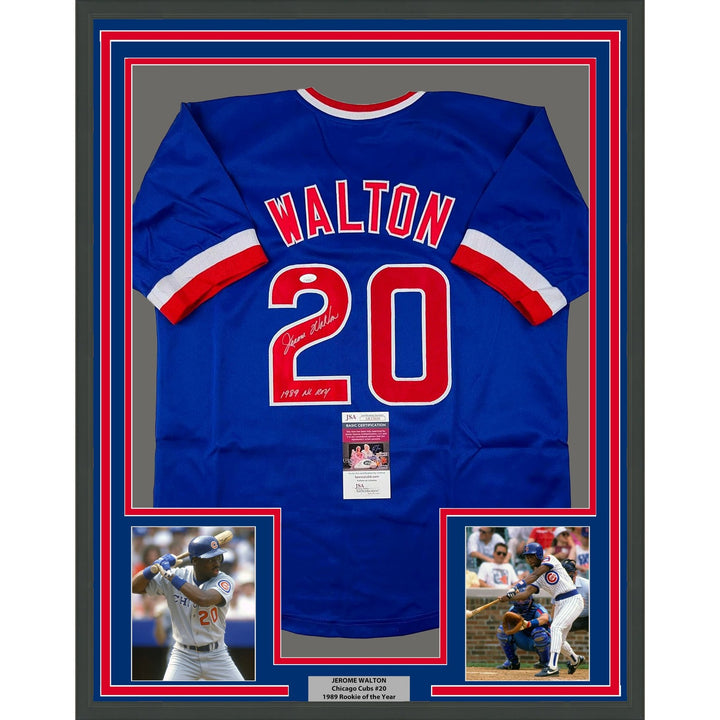 Framed Signed Jerome Walton 35x39 1989 NL ROY Blue Jersey JSA COA