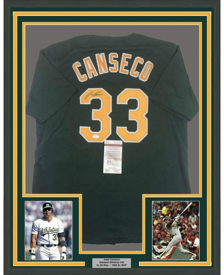 FRAMED Autographed/Signed JOSE CANSECO 33x42 Oakland Dark Green Jersey JSA COA