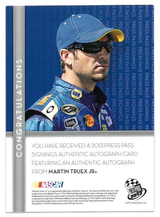 Martin Treux, Jr. signed 2013 Press Pass Authentics NASCAR On Card Auto 058/100