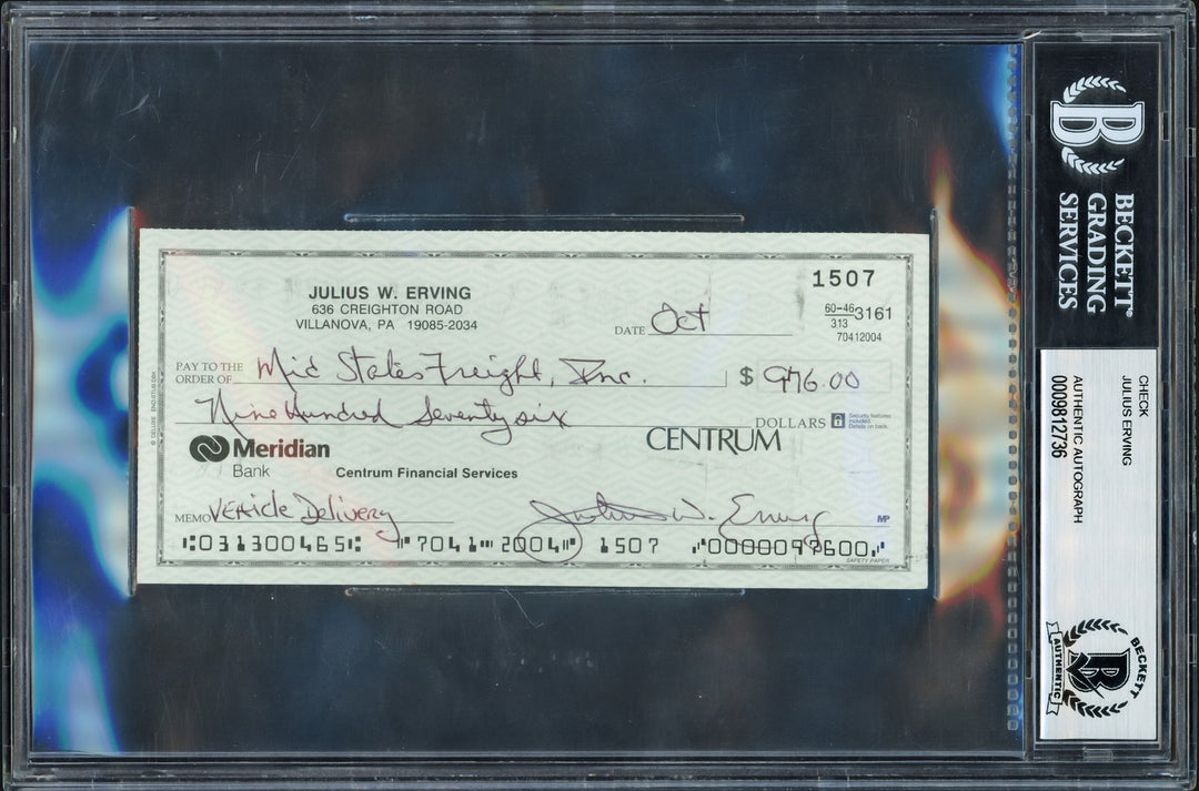 Julius Dr. J Erving Signed 3x6 Check Philadelphia 76ers Beckett #9812736
