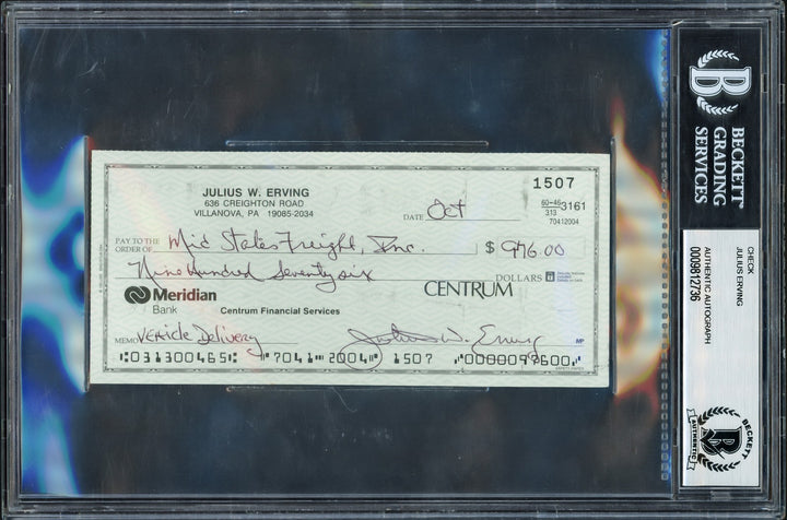 Julius Dr. J Erving Signed 3x6 Check Philadelphia 76ers Beckett #9812736