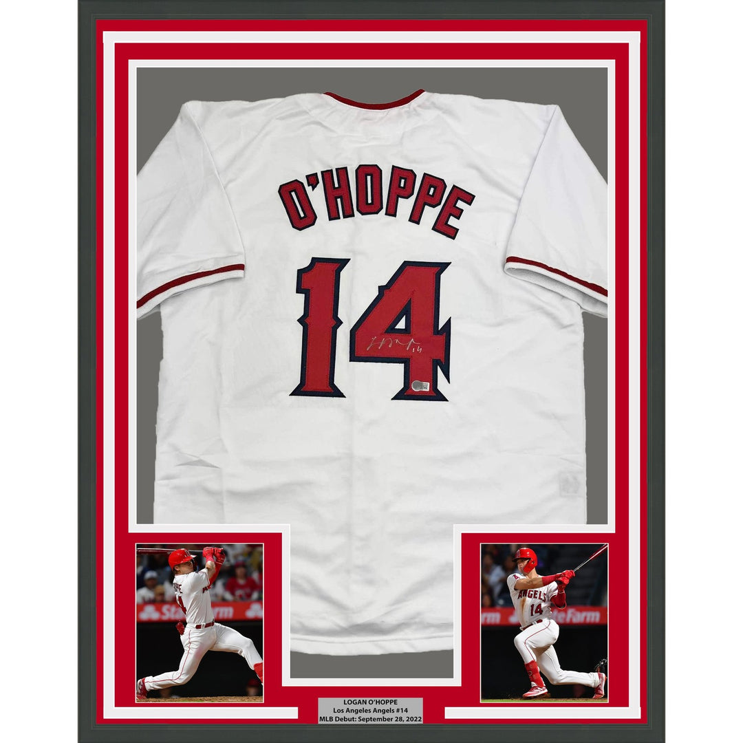 Framed Autographed/Signed Logan O'Hoppe 35x39 Los Angeles White Jersey COA